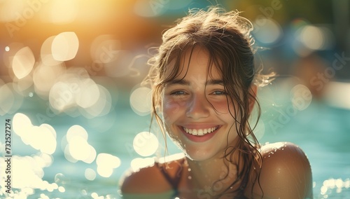 A young woman relaxing in the water with a happy expression against sunset sky