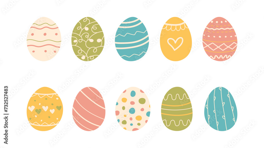 Multicolored hand drawn Easter eggs set. Doodle style Shell decorated with different shapes, lines and circles in various colors. Simple icons and elements for posters and holiday banners Multicolored hand drawn Easter eggs set. Doodle style Shell decorated with different shapes, lines and circles in various colors. Simple icons and elements for posters and holiday banners