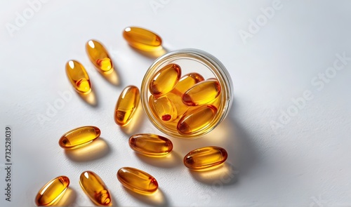 Cod liver oil omega 3 gel capsules on light background. Fish oil omega 3 gel capsules