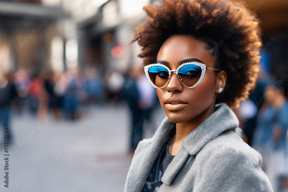 Close up portrait of young african woman wearing sunglasses against city street background. Close up portrait of a beautiful young woman with afro hairstyle outdoors Close up portrait of young african woman wearing sunglasses against city street background. Close up portrait of a beautiful young woman with afro hairstyle outdoors