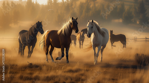 Wild Horses Running Along Prairie Grass photo