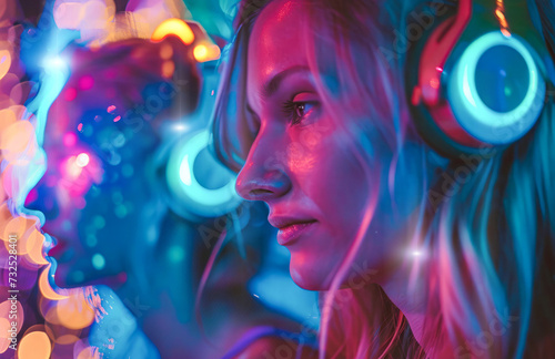 Sexy young lady listening to modern hip hop and rap music in colorful headphones at party