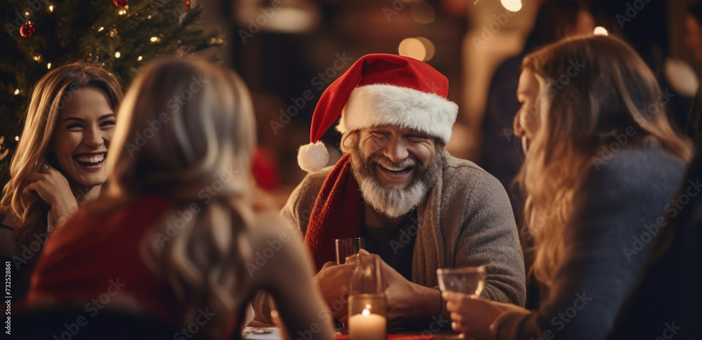 Group Of Friends Enjoying Christmas Drinks In Bar with Santa