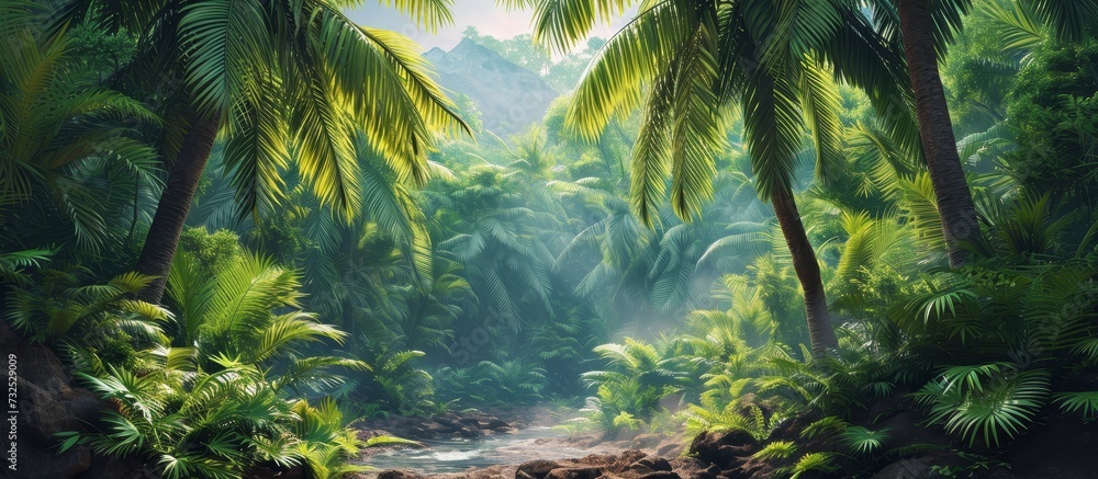 A flowing river winds through a vibrant forest teeming with palm trees and lush vegetation; a breathtaking natural landscape. A flowing river winds through a vibrant forest teeming with palm trees and lush vegetation; a breathtaking natural landscape.