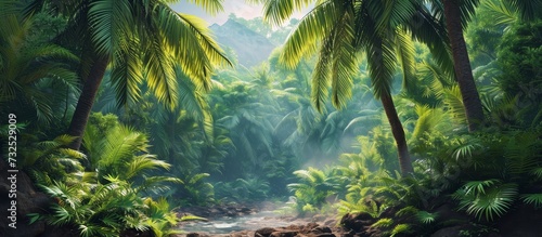 A flowing river winds through a vibrant forest teeming with palm trees and lush vegetation  a breathtaking natural landscape.
