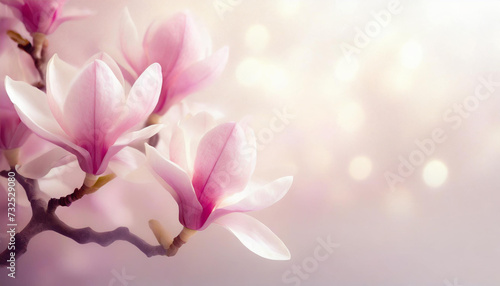 Wiosenne kwiaty, magnolie na jasnym tle z miejscem na tekst, tło generative ai