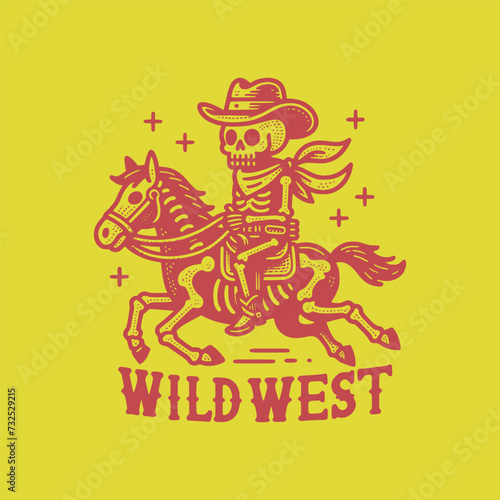 retro art cool skeleton wearing cowboy outfit riding horse vector illustration © Rizaldy