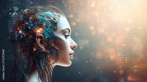 Futuristic Robot woman. Innovation and variation in technology. Profile of a girl with a metal head. The concept of artificial intelligence of the future.