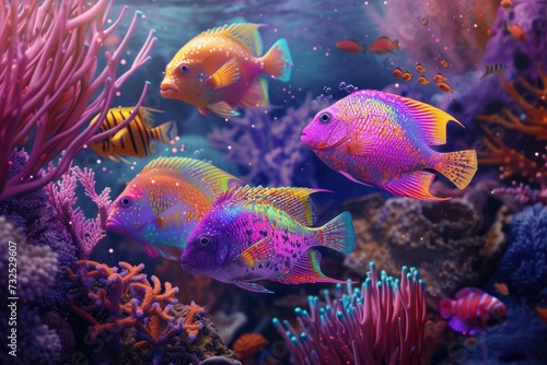 Coral Kingdom: Within the depths of the aquarium, tropical fish dance among the coral, creating a picturesque scene reminiscent of an underwater paradise. © Murda
