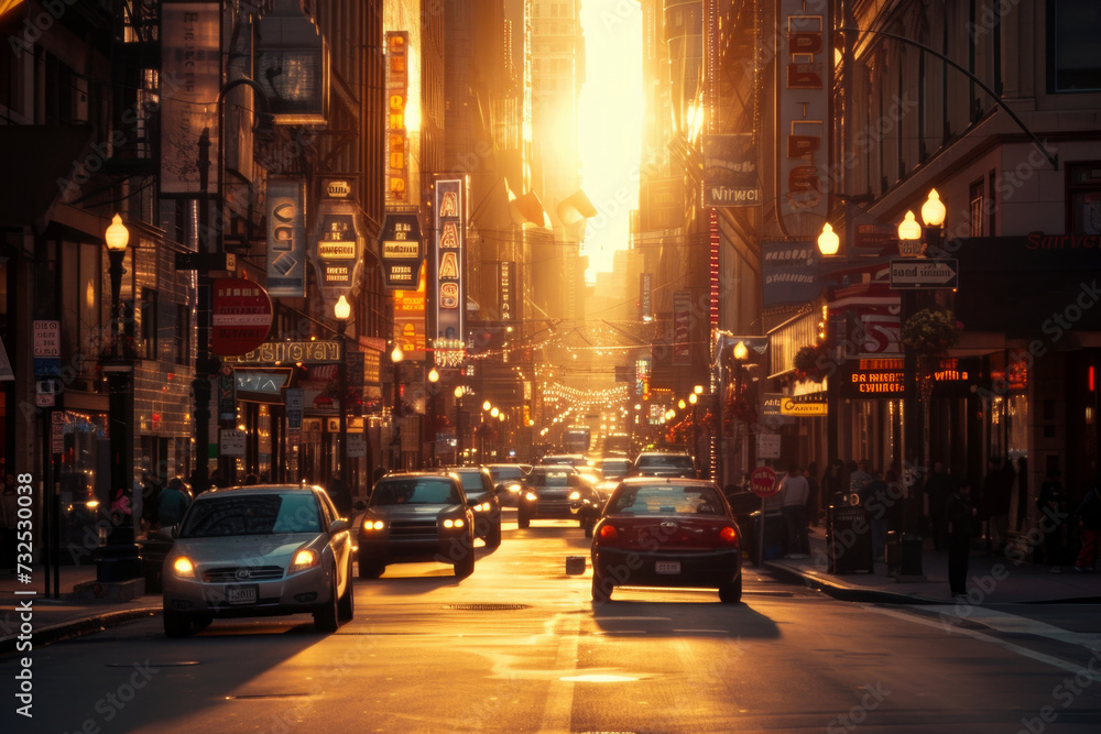 Urban Street at Sunset with City Life. The sun casts a golden glow over an urban street scene with busy pedestrians and traffic at sunset.

