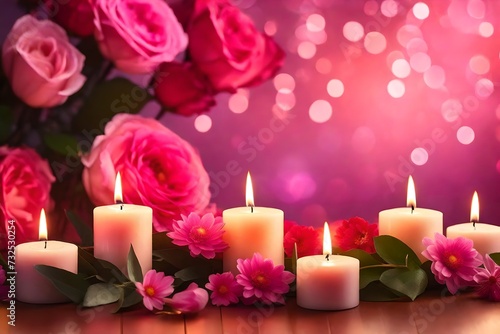 Colorful dreamy candles on bokeh background on wooden table 