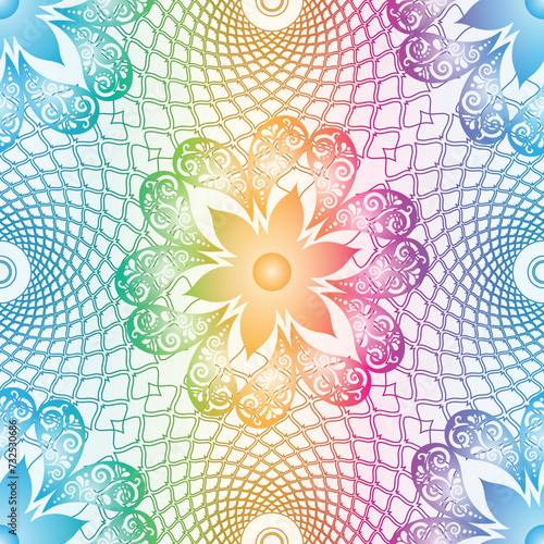 Vector seamless rainbow gradient pattern with circles and vintage flowers in retro style