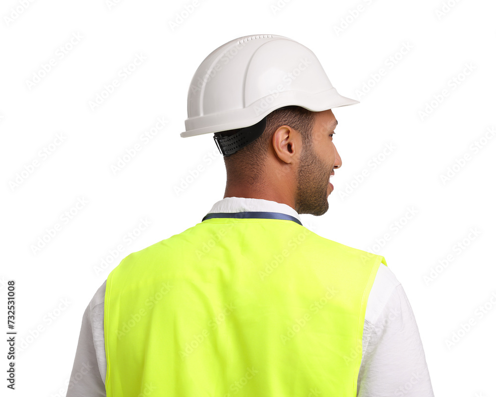 Engineer in hard hat on white background, back view Engineer in hard hat on white background, back view
