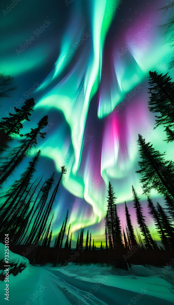 Fototapeta premium Aurora Borealis, Northern Lights, Nature, Sky, Night, Astronomy, Phenomenon, Aurora, Polar, Light Show, Celestial, Spectacular, Beauty, Atmospheric, Green, AI Generated.