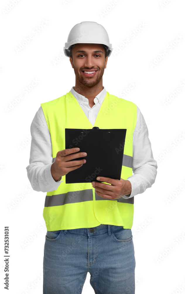 Engineer in hard hat holding clipboard on white background Engineer in hard hat holding clipboard on white background