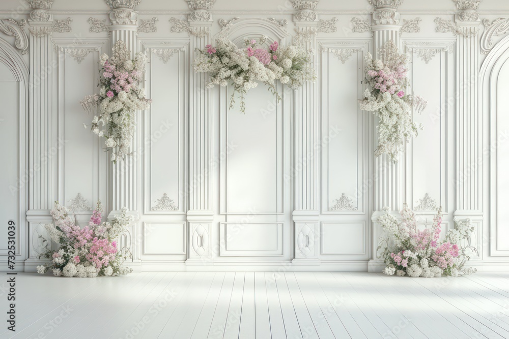 Fototapeta premium Contemporary wedding backdrop with white walls and striking details, seen from the front.