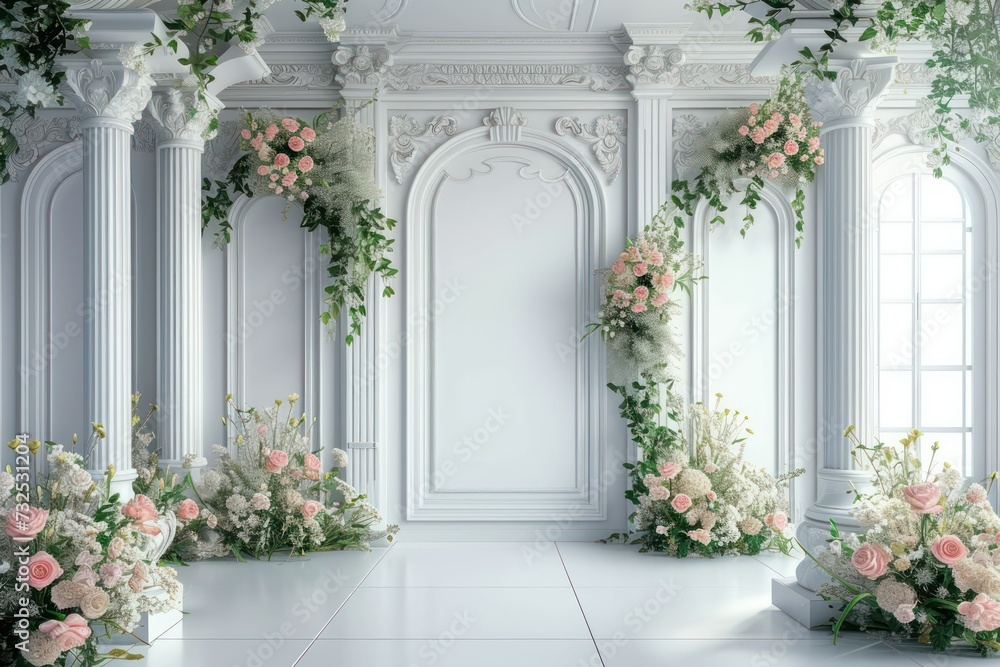 modern wedding backdrop with white color walls and vivid details. wedding backdrop front view environment 