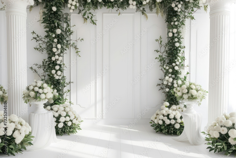 modern wedding backdrop with white color walls and vivid details. wedding backdrop front view environment 