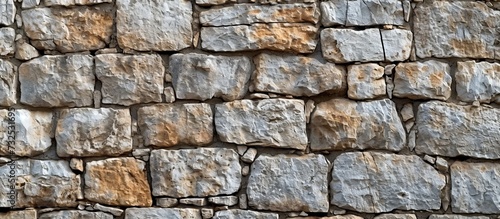 A detailed view of a rectangular stone wall made of bedrock bricks, a composite material commonly used in building construction.