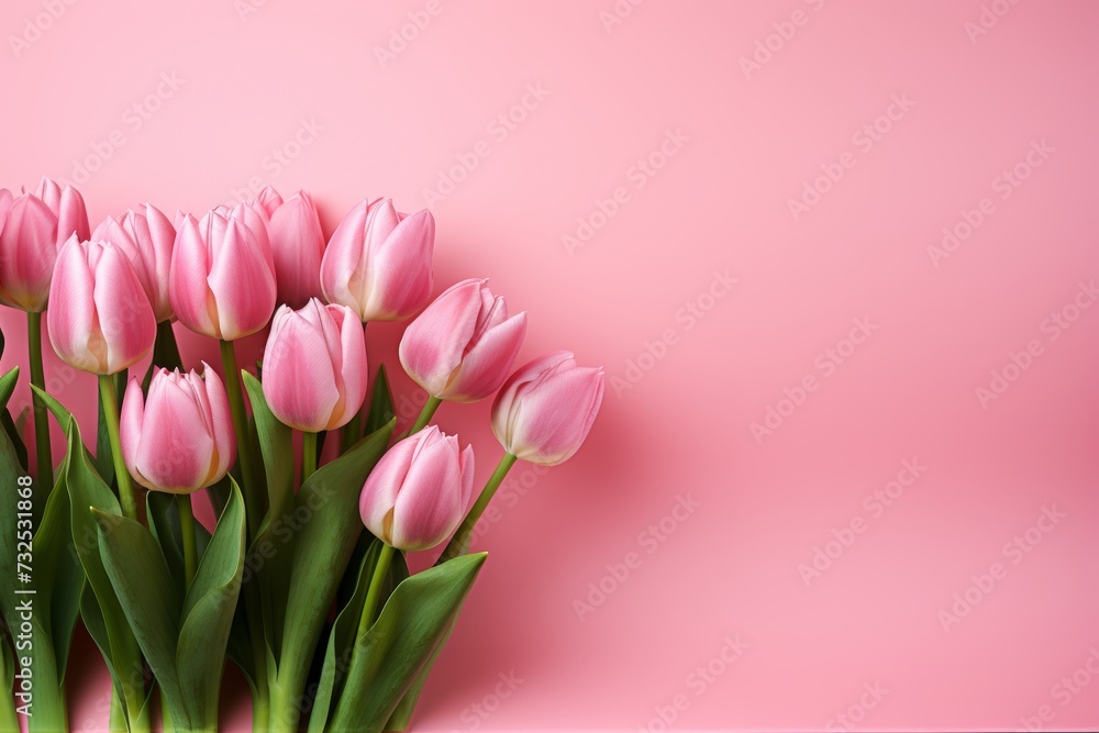 Beautiful aerial shot of colorful tulips on a soft pink background with ample space for text. Beautiful aerial shot of colorful tulips on a soft pink background with ample space for text.