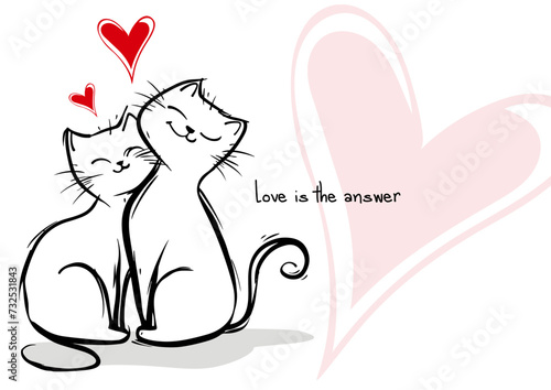 Cats in Love with Red Hearts, a monochromatic hand-drawn illustrator art style for greeting cards, and banners.