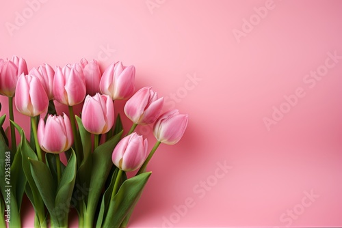 Beautiful aerial shot of colorful tulips on a soft pink background with ample space for text.