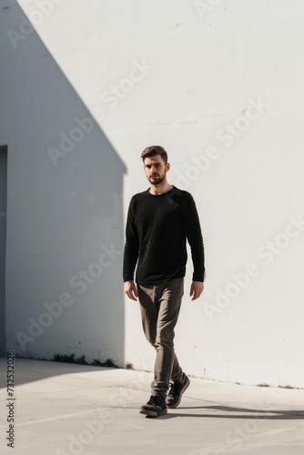 Authenticity shines through in the photography of a stylish man strolling towards the camera in a casual chic outfit
