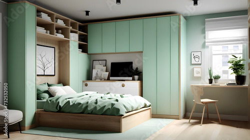 Chic Studio Retreat  Built-In Storage Solutions in Mint Green  Alpine White  and Natural Oak Wood for Space Maximization
