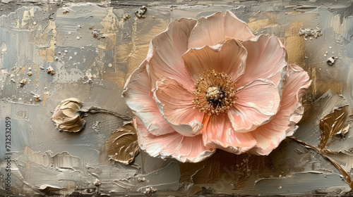 Luxury pink flower with golden leaves on beautiful abstract background, abstract oil painting 