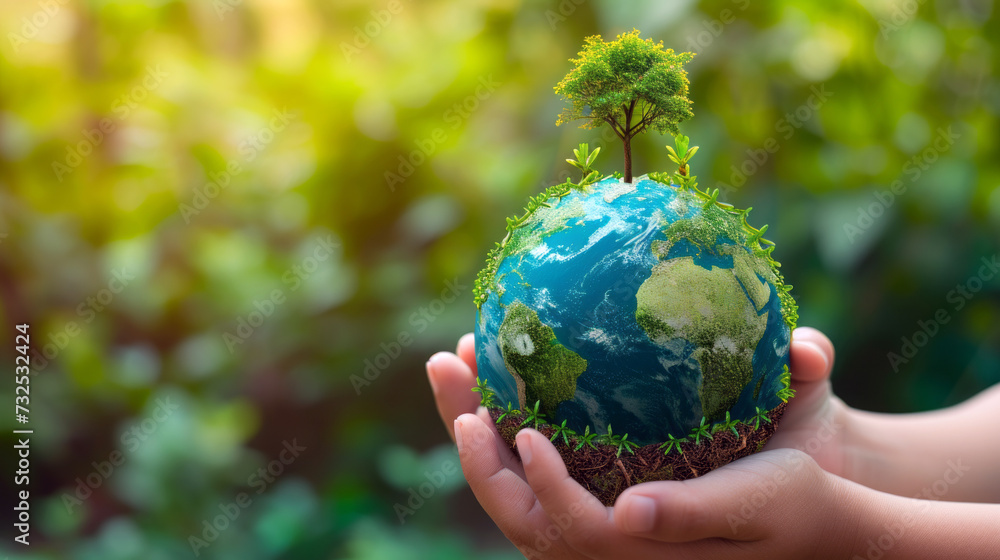 Ecological Concept with a Green Globe in Hands, Hands holding a green globe with a tree growing on top, symbolizing environmental conservation and sustainability. Ecological Concept with a Green Globe in Hands, Hands holding a green globe with a tree growing on top, symbolizing environmental conservation and sustainability.