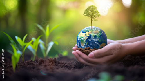 Ecological Concept with a Green Globe in Hands, Human hands holding plant trees on the globe, planet or earth over blurred green garden nature background. Concept of the Environment World Earth