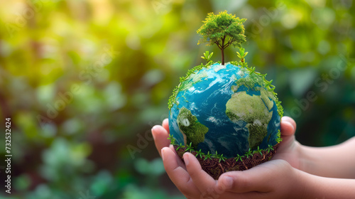 Ecological Concept with a Green Globe in Hands, Hands holding a green globe with a tree growing on top, symbolizing environmental conservation and sustainability.