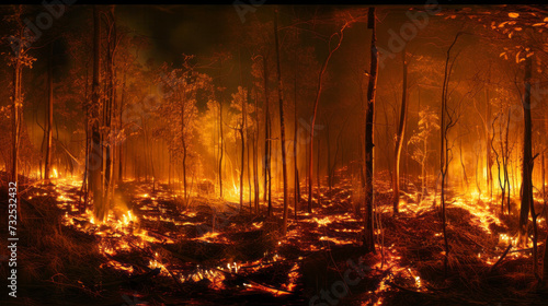 Forest Wildfire at Twilight, Panoramic view of a devastating forest wildfire at dusk, with flames and smoke rising into the twilight sky.