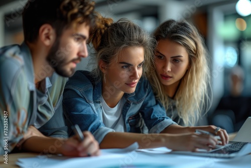 A group of young business peoples doing meeting in desk with space, Generative AI.