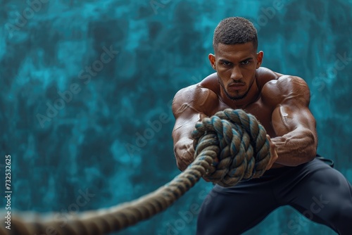 An athletic young man using a rope to perform some fitness routines, Generative AI.