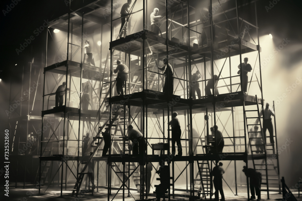 A group of construction workers are working on scaffolding in a contoured light in an abstract industrial place A group of construction workers are working on scaffolding in a contoured light in an abstract industrial place
