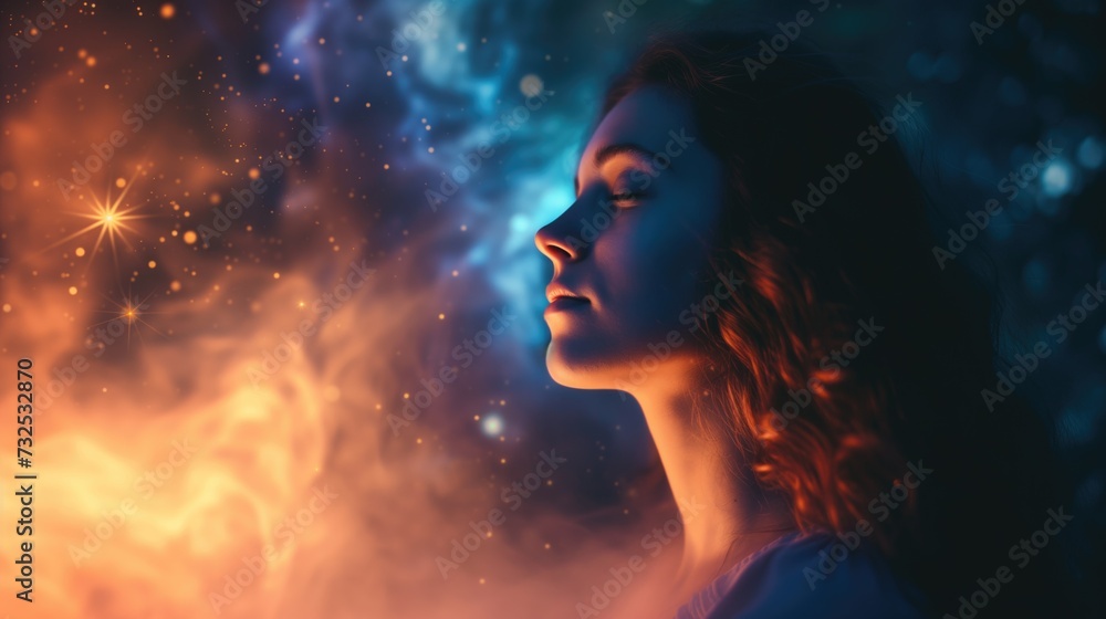 A girl or young woman with beautiful flawless glowing skin having starry astral experience in cosmic space environment A girl or young woman with beautiful flawless glowing skin having starry astral experience in cosmic space environment