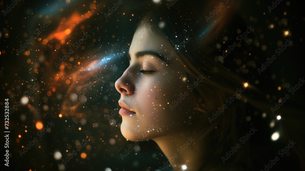 A girl or young woman with beautiful flawless glowing skin having starry astral experience in cosmic space environment