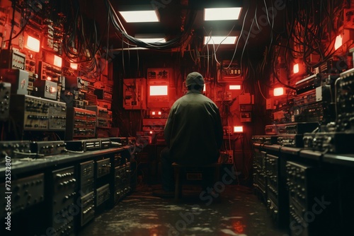 a person in a dark room controls computer devices for computing and information processing, video surveillance and hacking