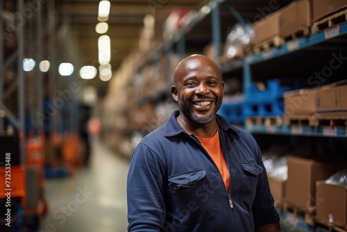 African middle aged man in his store with space for text, Generative AI.