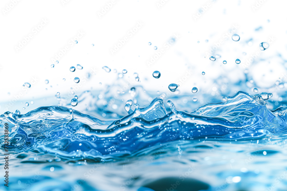 Water splashes and drops isolated on white background. Abstract background with blue water wave Water splashes and drops isolated on white background. Abstract background with blue water wave