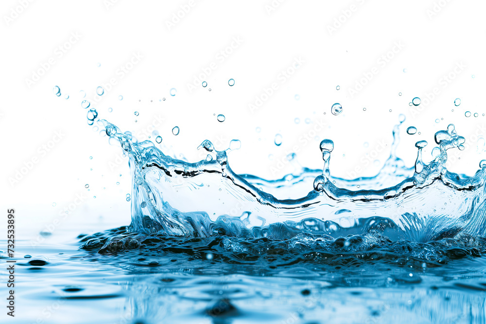 Water splashes and drops isolated on white background. Abstract background with blue water wave Water splashes and drops isolated on white background. Abstract background with blue water wave