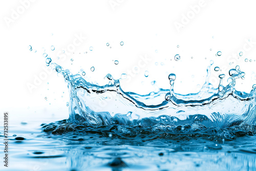 Water splashes and drops isolated on white background. Abstract background with blue water wave