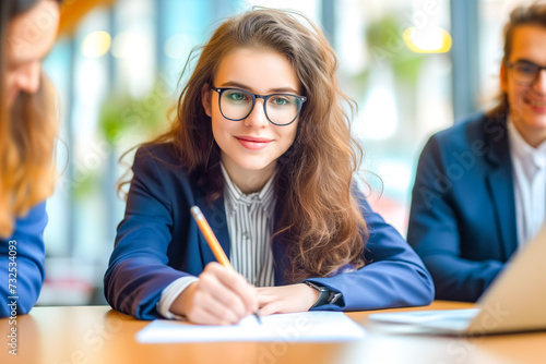 Portrait of young confident business woman sitting on workplace and signing a contract at office. Group of three coworkers and company employees make a good deal reaching agreement