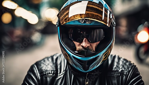 close-up of a biker on motorcycle, biker riding a bike, biker with helmet © Gegham