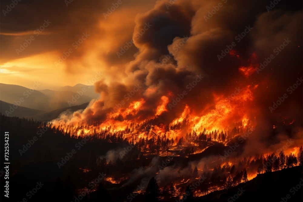 Mountain wildfire Intense flames engulfing the mountainside in a dramatic scene