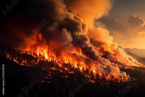 Mountain wildfire Intense flames engulfing the mountainside in a dramatic scene