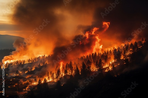 Mountain wildfire Intense flames engulfing the mountainside in a dramatic scene
