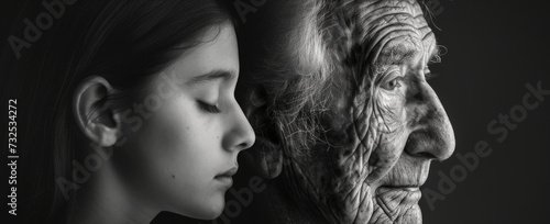 A black and white portrait capturing a poignant moment between a young girl and an elderly woman, symbolizing the circle of life #732534272