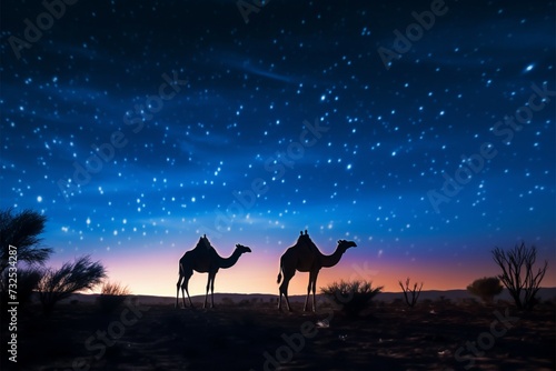 Dusk enchantment Two camels silhouetted against starry sky at twilight